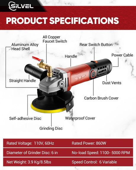 SILVEL 860W Wet Polisher, 4 inch Wet Stone Polisher with 6 Variable Speeds, 110V Granite Polisher with 7 Diamond Polishing Pads for Granite, Marble, Concrete, Stones SILVEL