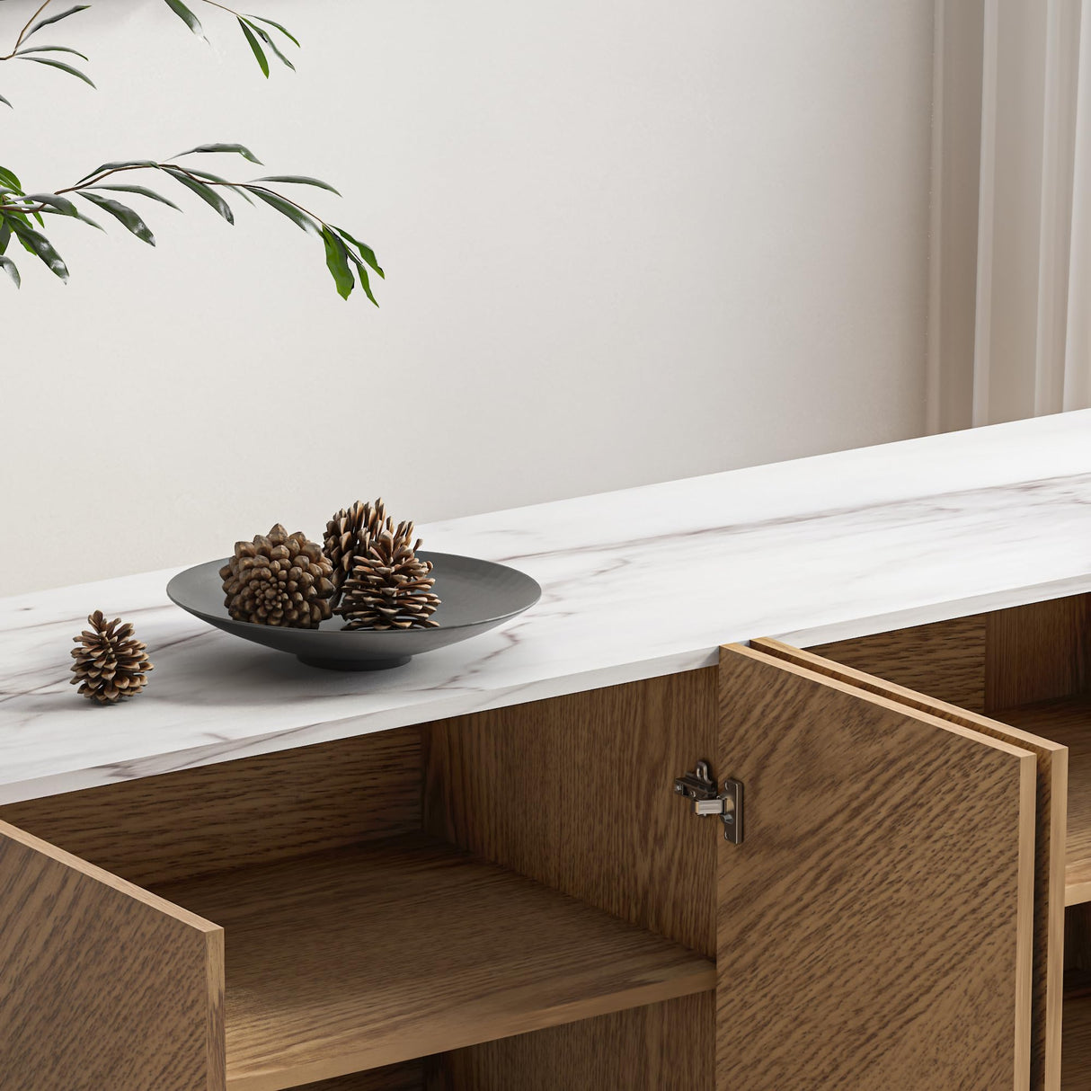 roomfitters Mid Century Modern TV Stand for TVs up to 65", Herringbone Sideboard Buffet Cabinet Credenza, Marble Top Media Console, Boho Entertainment Center for Living Room, Entryway (Oak Wood) roomfitters