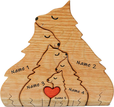 ROSLILY Personalized Wooden Wolf Puzzle with 1-8 Family Name Custom Animal Family Figurines Hand Carved Block Decoration for Mom Dad House Warming ROSLILY