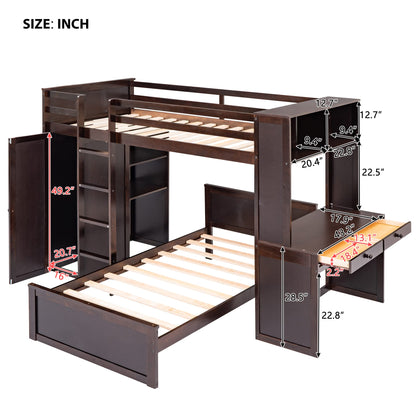 Harper & Bright Designs Twin Over Twin Bunk Bed with Desk, Storage, Solid Wood Bunk Bed with Shelves and Wardrobe, Twin Size Loft Bed with a Stand-Alone Bed for Kids Teens Adults - Espresso