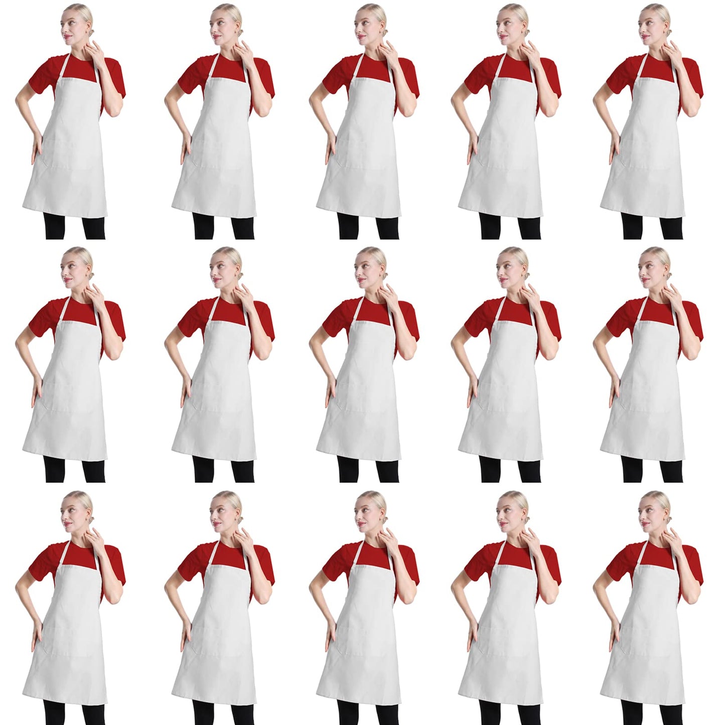 TSD STORY Total 15 PCS Plain Color Bib White Apron for Women Adult with 2 Front Pocket