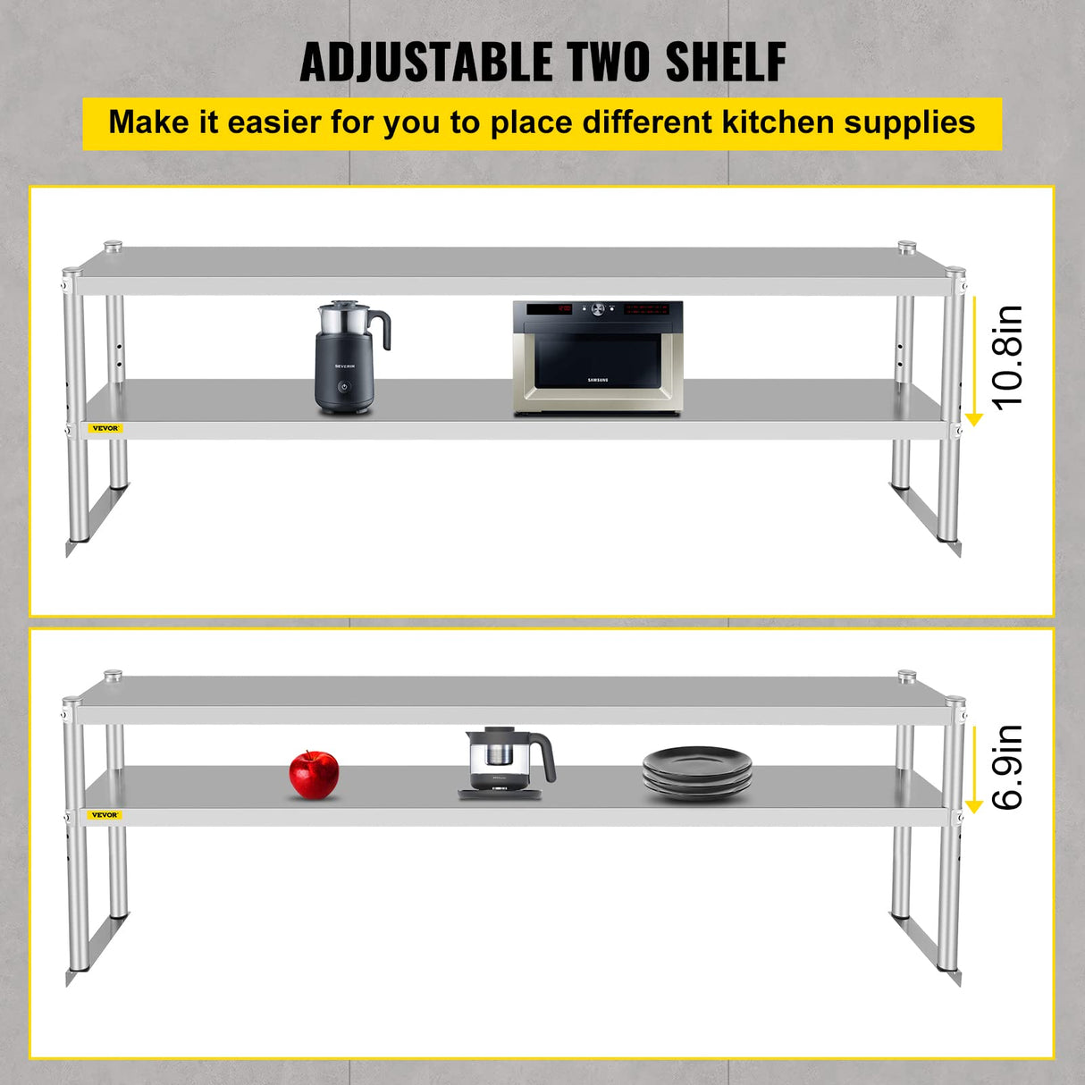 VEVOR Double Overshelf, Double Tier Stainless Steel Overshelf, 72 in Length x 12 in Width Double Deck Overshelf, Height Adjustable Overshelf for Prep & Work Table in Kitchen, Restaurant and Workshop VEVOR