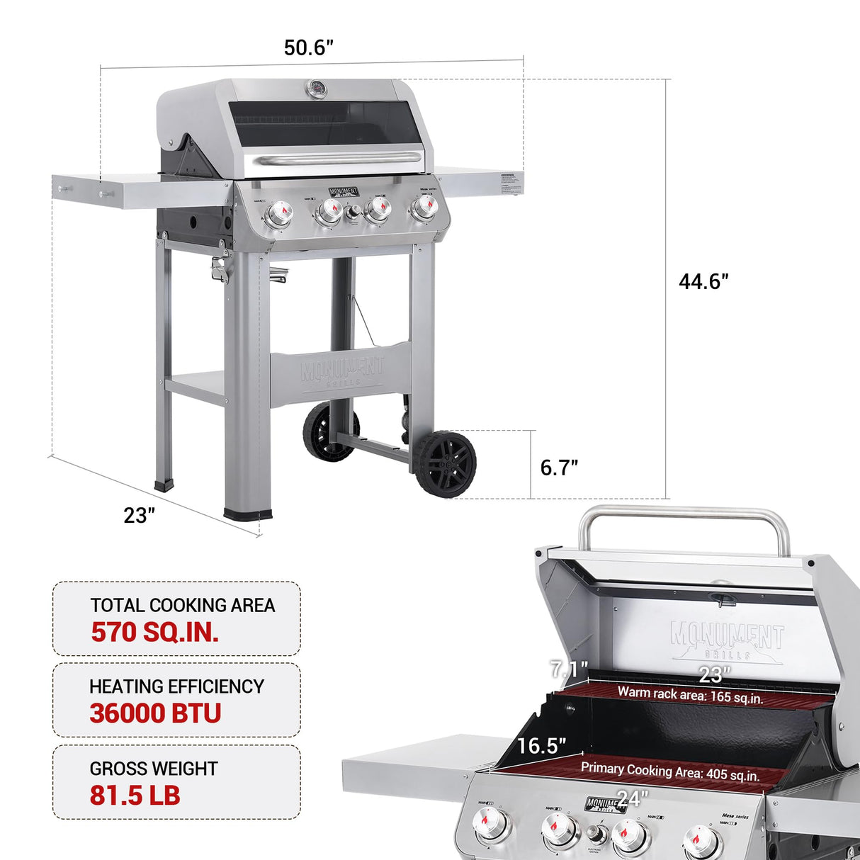 Monument Grills 4-Burner Liquid Propane Gas Grill, Silver Stainless Steel Grill Outdoor Patio Garden Barbecue Grill with Clearview® Lid and One Foldable Shelves, Mesa400MF Monument Grills