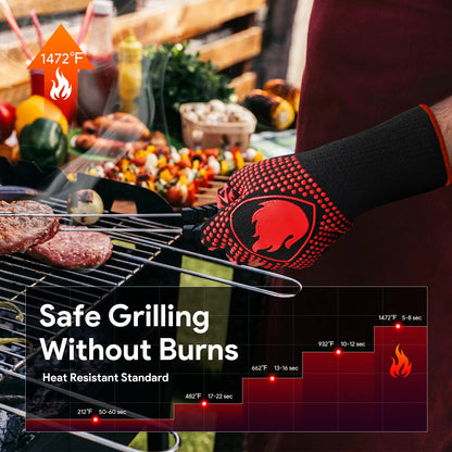 BBQ Gloves Oven Mitts Grilling- 1472℉Extreme Heat Resistant Oven Gloves, Non-Slip Silicone Cooking Gloves for Grilling, Barbecue, Baking, Welding, A Pair Red