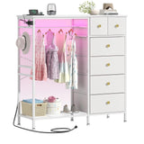 OtterOasis 47.2" White Dresser with Hanging Rack, 2 in 1 Bedroom 6 Drawers Dresser with LED Lights & Charging Station, Wooden Dressers with Fabric Drawers and Clothing Rack for Girls, Kids OtterOasis