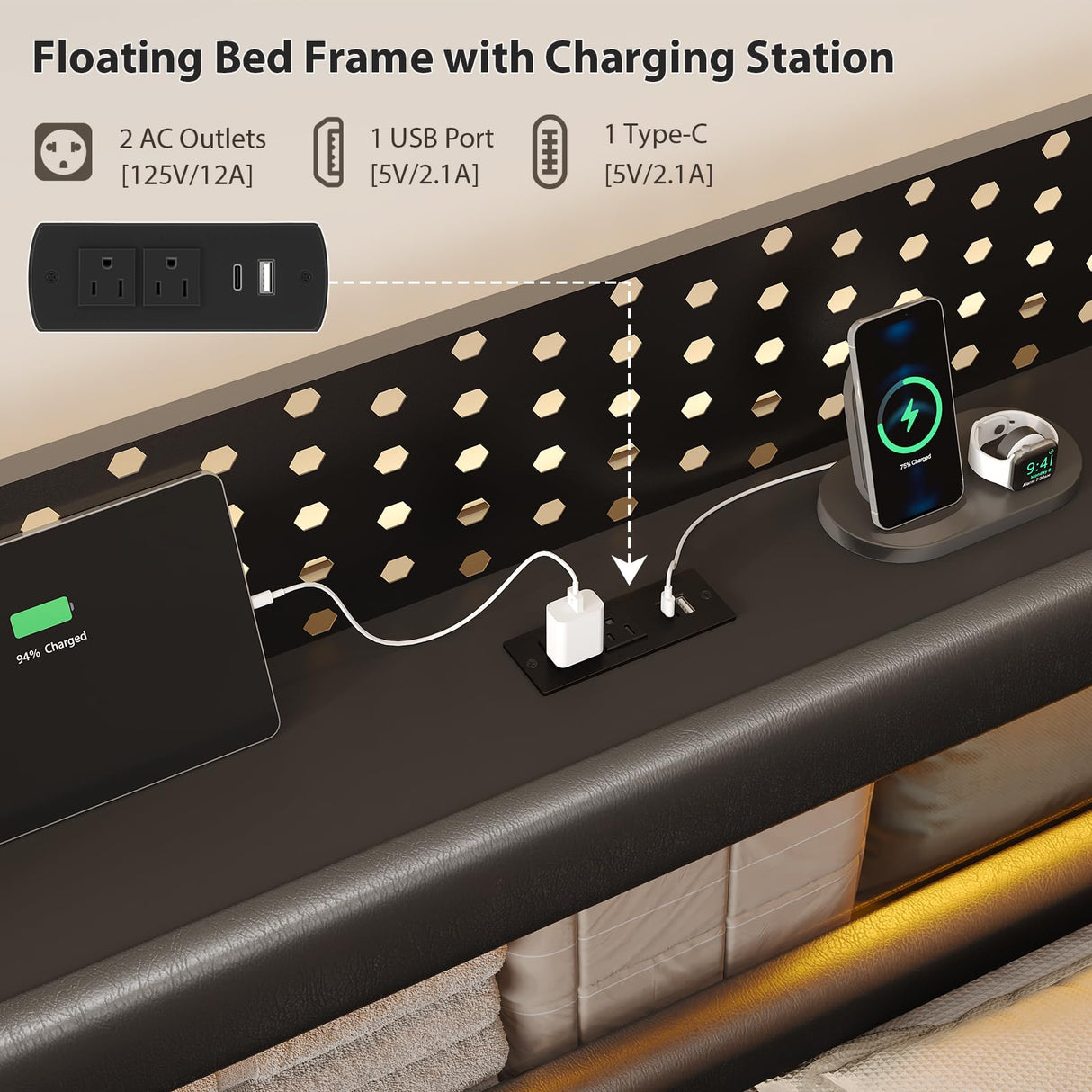 busyaeh Floating Bed Frame King with Storage & Headboard, Platform Frame with LED Lights, Upholstered King Size Floating Bed with Headboard, No Box Spring Needed, Noise-Free, Easy Assembly, PU Black busyaeh