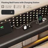 busyaeh Floating Bed Frame King with Storage & Headboard, Platform Frame with LED Lights, Upholstered King Size Floating Bed with Headboard, No Box Spring Needed, Noise-Free, Easy Assembly, PU Black busyaeh