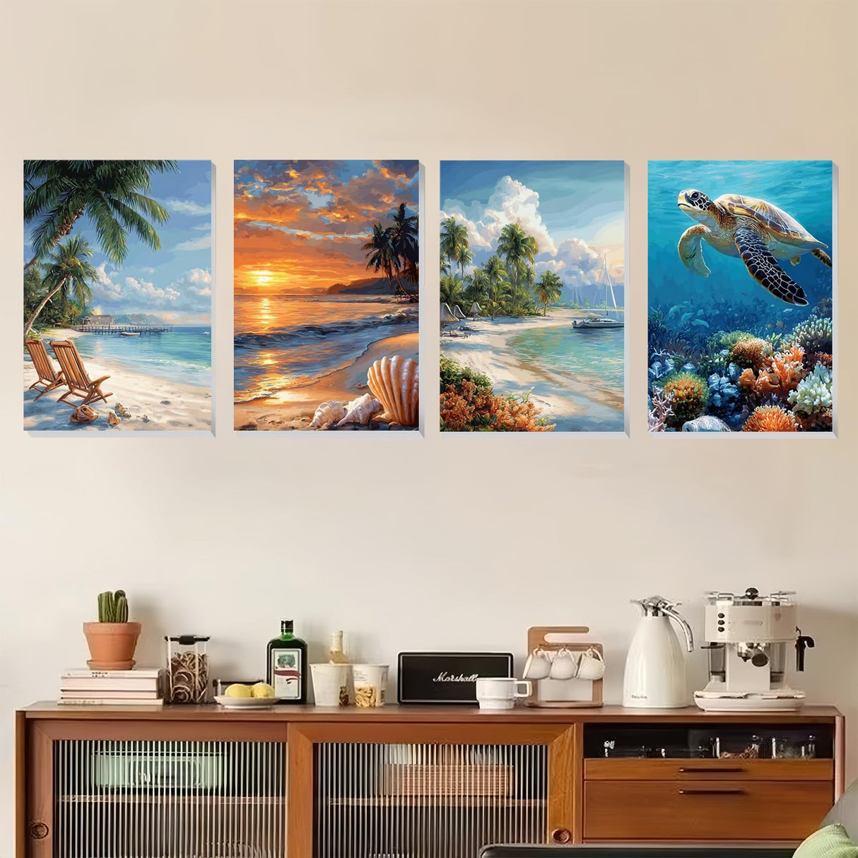 XTCIXAL 4 Pack Paint by Numbers Kit for Adults with Framed and Easel, Beach Paint by Number Kits, Sea Turtle Acrylic Oil Painting with Brushes for Home Wall Decor (8x12 Inch) XTCIXAL