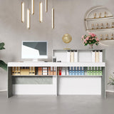 Homsee Modern Reception Desk Office Desk with Storage Shelves & Marble Texture, Retail Counter Front Desk Table for Checkout & Home Office, White & Grey Homsee