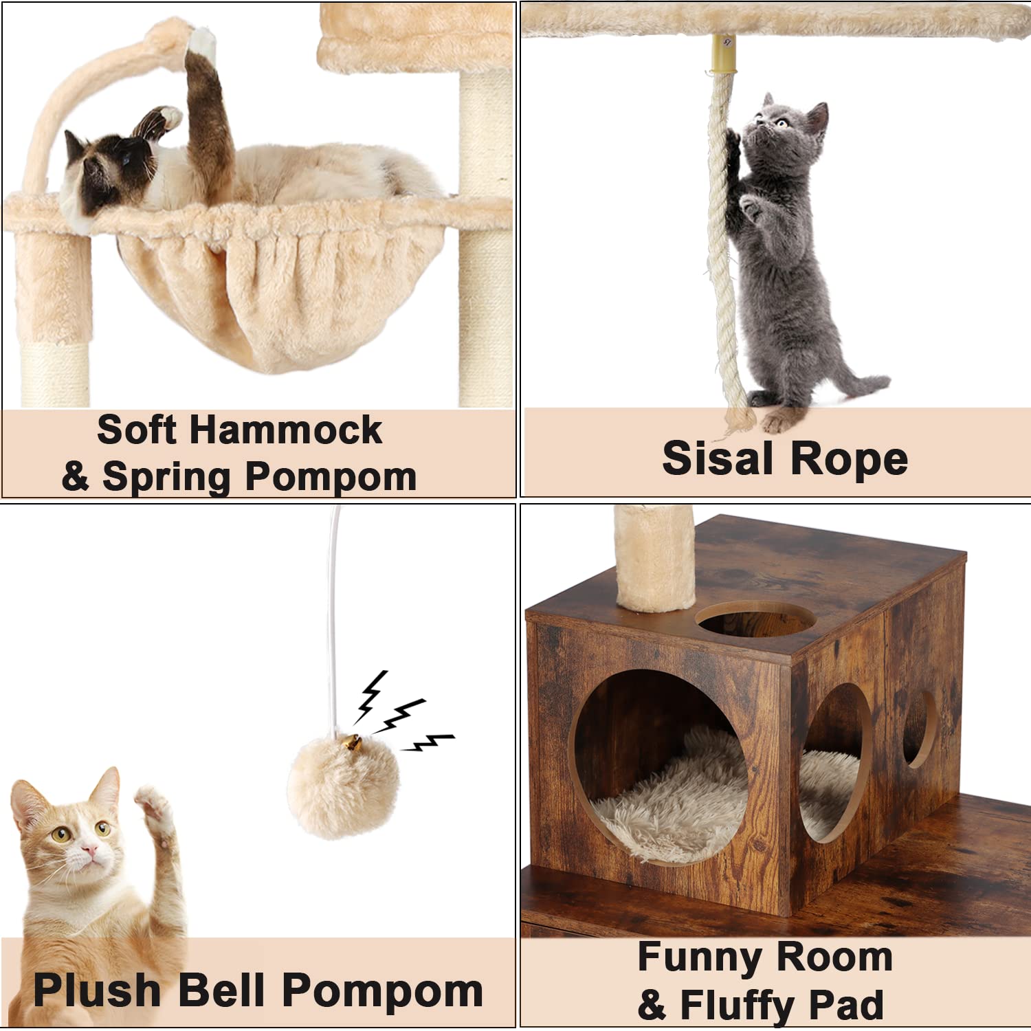 Timberer Cat Tree with Litter Box Enclosure, 2-in-1 Cat Tower for Indoor Cats, Large Cat Furniture, Wood Cat Condo with Basket, Scratching Posts, Pompoms, Rustic Brown - WoodArtSupply