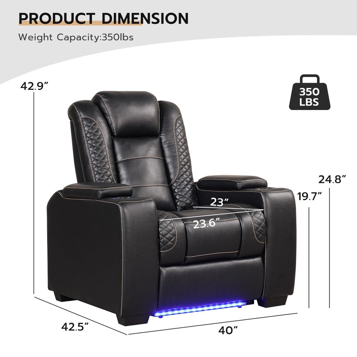 ANJ Power Home Theater Seating, PU Leather Electric Recliner Chair with Powered Headrest, Dual Motors Movie Reclining Chairs with LED Lights,USB Port, Cup Holders, Hidden Arm Storage (Black) ANJ