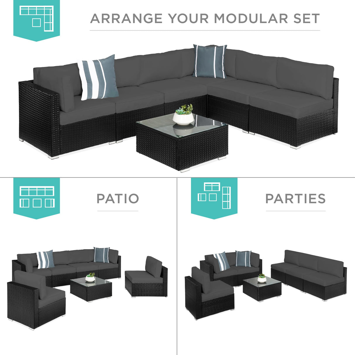 Best Choice Products 7-Piece Modular Outdoor Sectional Wicker Patio Conversation Set w/ 2 Pillows, Coffee Table, Cover Included - Black/Gray Best Choice Products