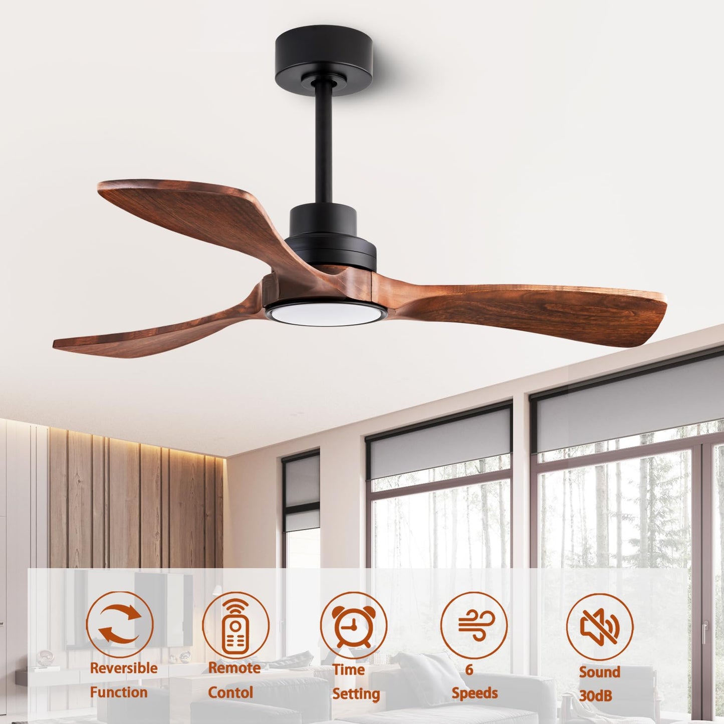 dearnow 42" Ceiling Fan Light with Lights with Remote Control, Indoor Outdoor Wooden Ceiling Fan with 3 Wooden Blades for Patio, Living Room, Office, Farmhouse and More. (Black + Mahogany Color)