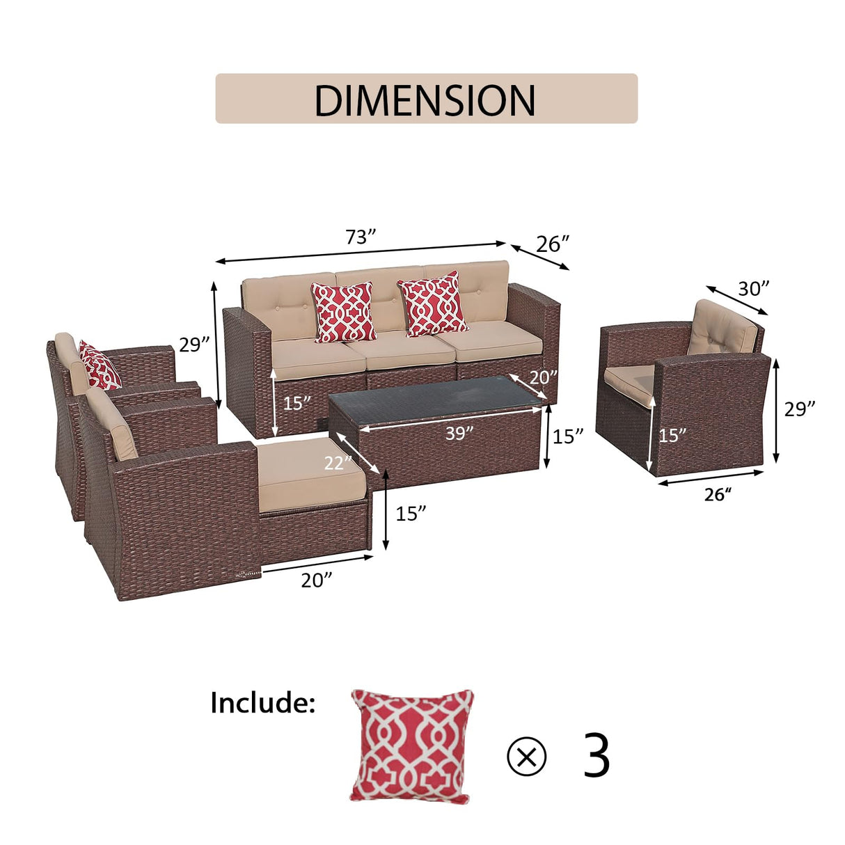 Super Patio 8 Piece Outdoor Patio Furniture Set, Patio Conversation Sets, All-Weather PE Wicker Outdoor Sectional Sofa with Ottoman, Tempered Glass Coffee Table, Three Red Pillows, Espresso Brown Super Patio