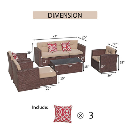 Super Patio 8 Piece Outdoor Patio Furniture Set, Patio Conversation Sets, All-Weather PE Wicker Outdoor Sectional Sofa with Ottoman, Tempered Glass Coffee Table, Three Red Pillows, Espresso B - WoodArtSupply