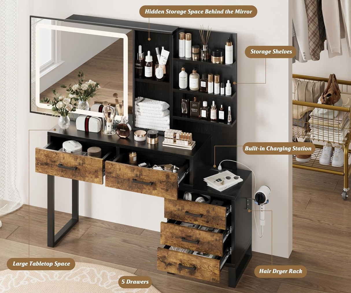 Makeup Vanity Desk with Sliding Mirror and Lights, Large Dressing Table with Charging Station, 3 Lighting Modes, 5 Large Drawers and 3 Tiers of Open Shelves for Bedroom, Dark Brown GarveeHome