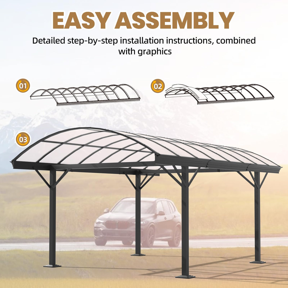 BUPPLEE Heavy Duty Metal Carport Kit 10 x 15 ft, Aluminum Carport with UV50+Resistant PC Sunlight Panels,Sturdy Metal Carports for Cars, Boats,Outdoor Storage Shed,Anti Rust Awning,Snow BUPPLEE