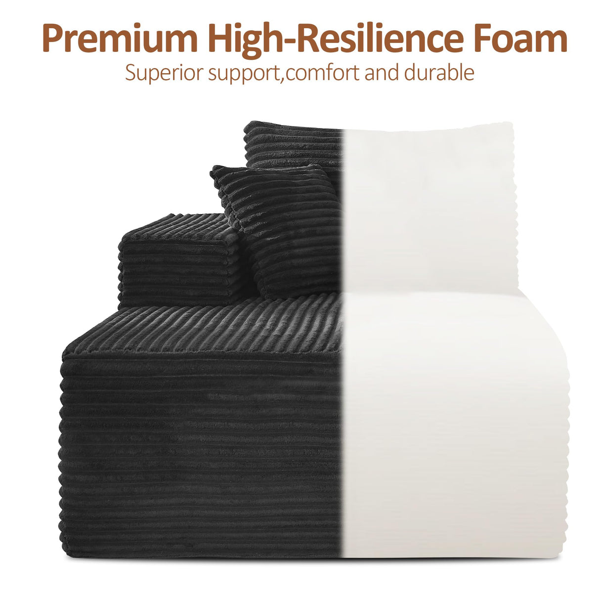 WUTUTUEE 110" Boneless Sectional Couch with Chaise Lounge, Cloud Couch Compressed Sofa L Shape, No Assembly Memory Foam Sofa for Living Room, Black Corduroy WUTUTUEE