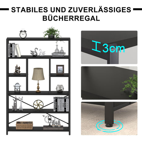 LVB 6 Tier Tall Black Bookshelf, Modern Large Wide Book Rack Storage, Industrial Wood Metal Etagere 6 Shelf Bookcase, Farmhouse Open Display Book Shelf Organizer for Bedroom Living Room Office, Black LVB