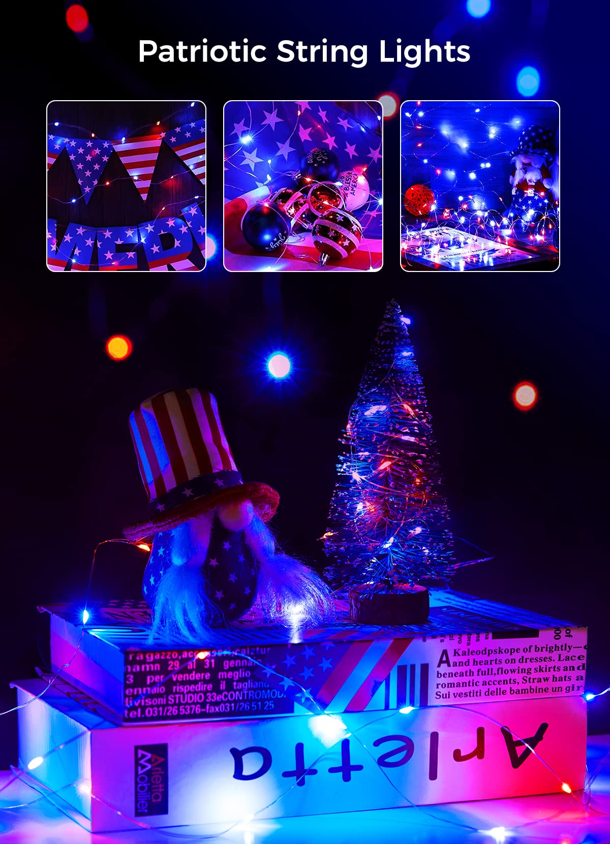 Brightown 4th of July Decor Patriotic Fairy Lights, 7 FT. Silver Wire Red White Blue String Lights, Firefly Starry Moon Lights, Micro LED Mini Fairy Lights for Jars DIY Picture Wedding Brightown