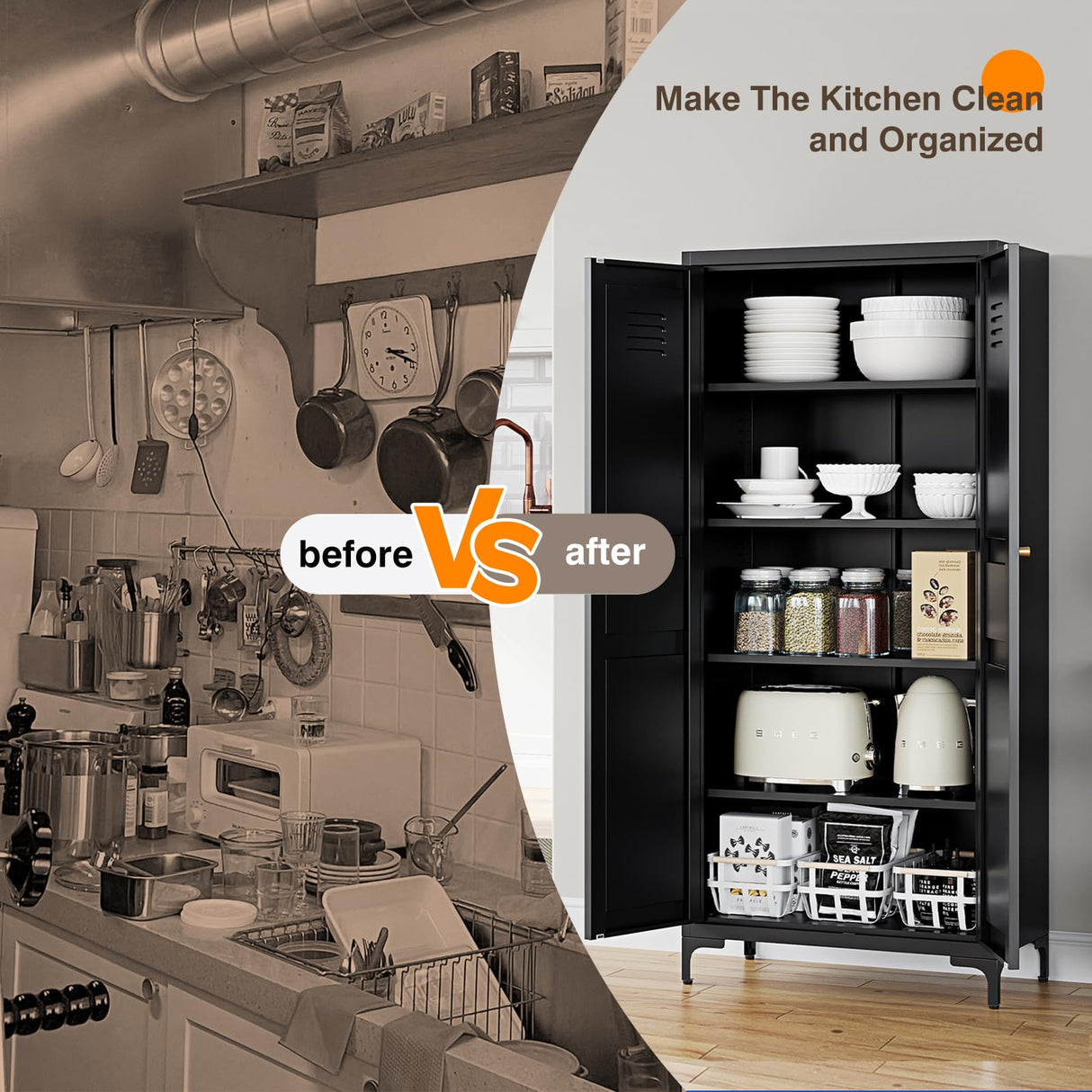 Yizosh Metal Pantry Cabinet, Tall Kitchen Pantry Storage Cabinet with Doos and Adjustable Shelves - 61" Black Cupboard Cabinet for Kitchen, Living Room, Dining Room, Home Yizosh