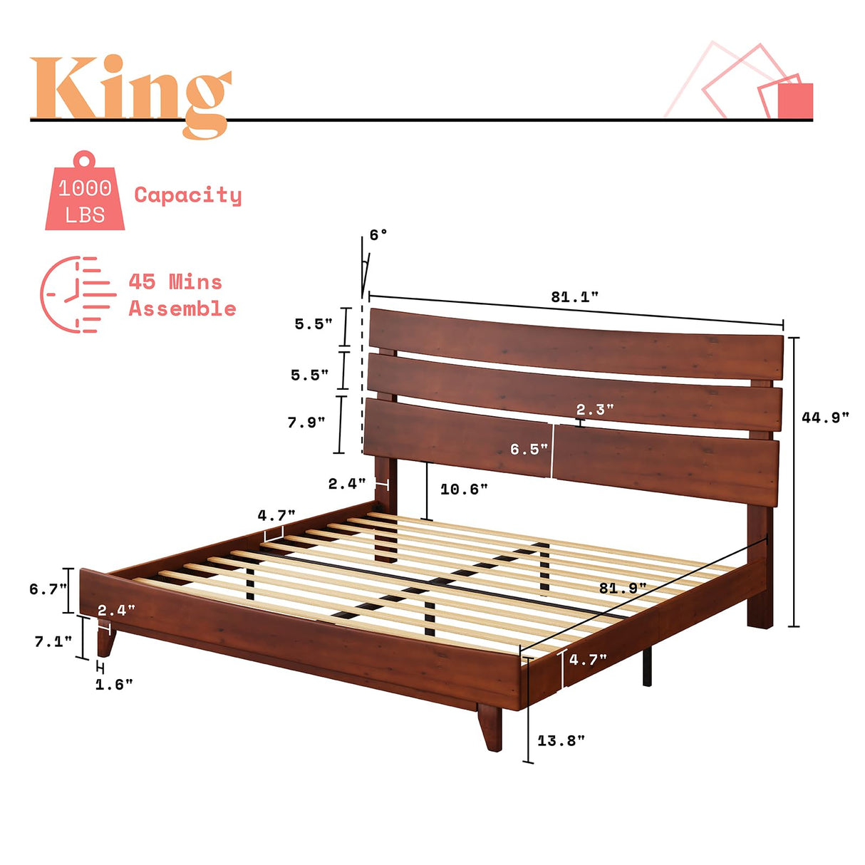King Size Solid Wood Platform Bed Frame with Wooden Headboard - Easy Assembly, No Box Spring Required, Walnut Finish AMERLIFE