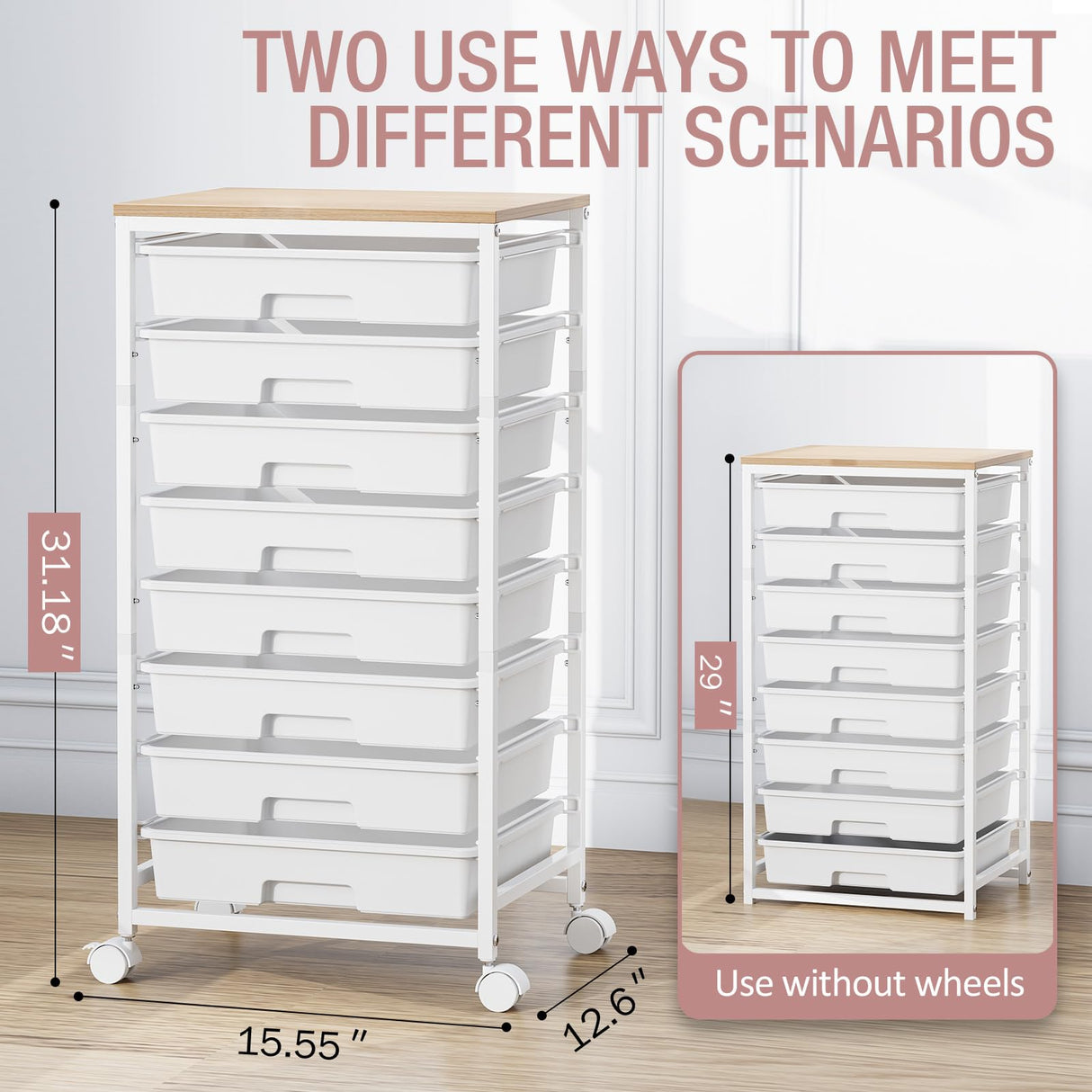 Storage Cart with 8 Drawers, Utility Cart with White Drawers and Wooden Tabletop, Craft Cart, Teacher Organization for Classroom,White TOOLF