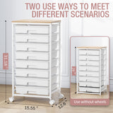 Storage Cart with 8 Drawers, Utility Cart with White Drawers and Wooden Tabletop, Craft Cart, Teacher Organization for Classroom,White TOOLF