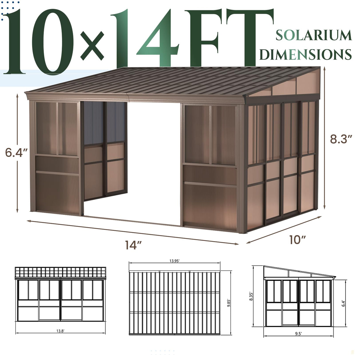EROMMY 10' x 14' Sunroom, Wall Mounted Gazebo with Galvanized Steel Roof & Aluminum Frame, 3-Sided Sliding Doors, Lean to Gazebo with 6mm Thickened UV-Resistant PC Screen for Patio, Garden, Backyard EROMMY