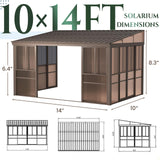 EROMMY 10' x 14' Sunroom, Wall Mounted Gazebo with Galvanized Steel Roof & Aluminum Frame, 3-Sided Sliding Doors, Lean to Gazebo with 6mm Thickened UV-Resistant PC Screen for Patio, Garden, Backyard EROMMY