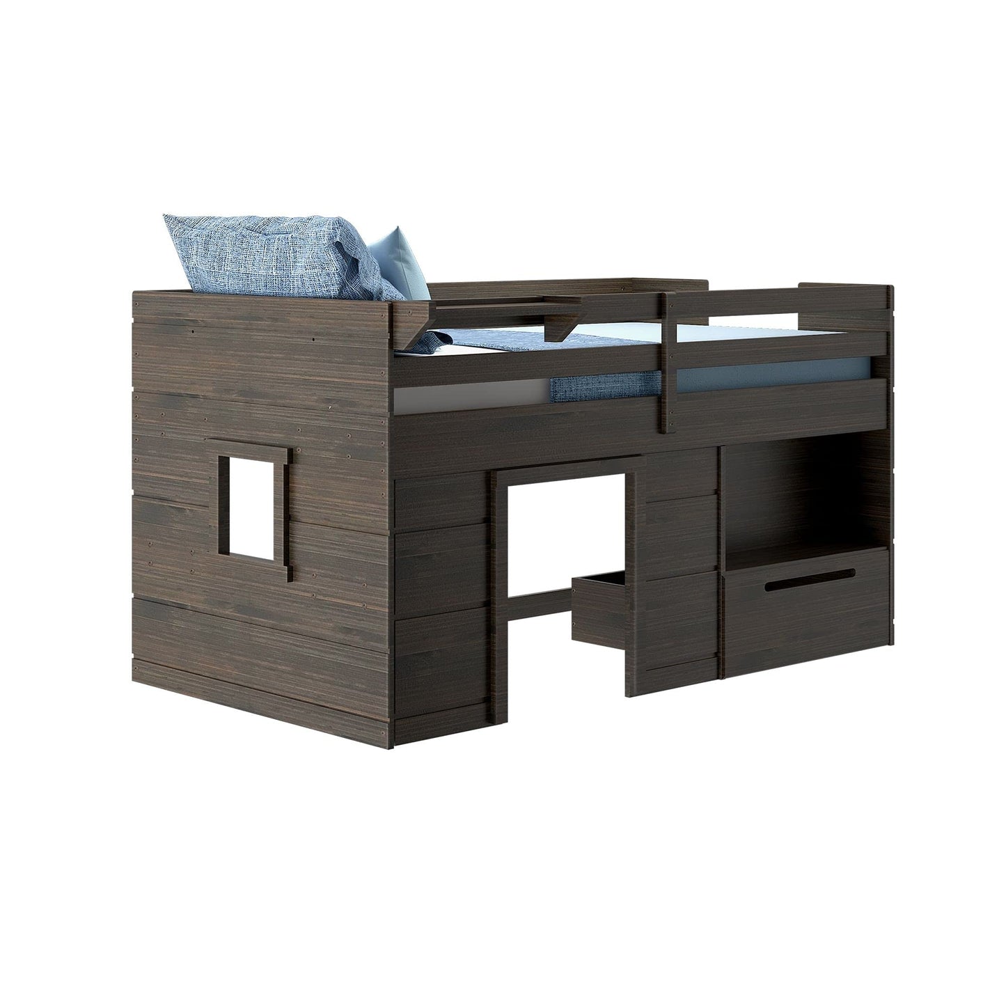 Max & Lily Barnwood Brown Twin Low Loft Bed with Storage Drawer and Ladder - WoodArtSupply