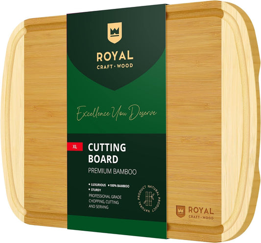 ROYAL CRAFT WOOD Bamboo Cutting Boards for Kitchen, Wood Chopping Boards with Juice Groove, Wooden Cutting Board for Vegetables, Fruit and Cheese Charcuterie Serving Tray XL, 18" x 12"