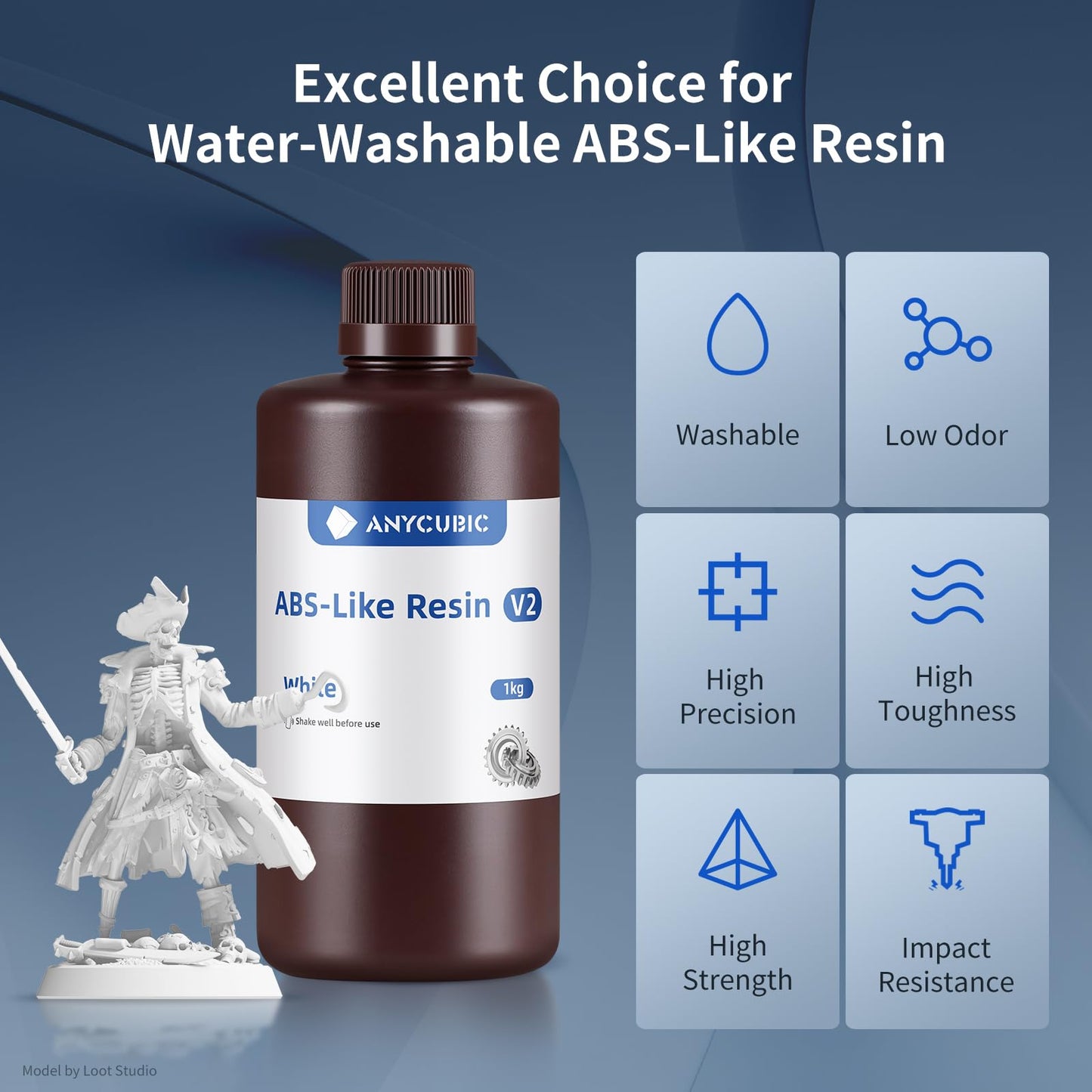 ANYCUBIC Water Washable ABS-Like 3D Printer Resin, High Toughness and Durability, High Precision and Easy to Post-Process, Low Odor, Wide Compatibility for All LCD Resin 3D Printers (White, 1kg)