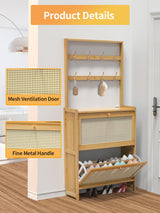 Maiproo Bamboo Shoe Cabinet Rattan with Hanging Rack Hidden Shoe Storage Cabinet Narrow Wood Freestanding Organizer with 2 Flip Drawers Adjustable Panel for Entryway Hallway Light Brown Maiproo
