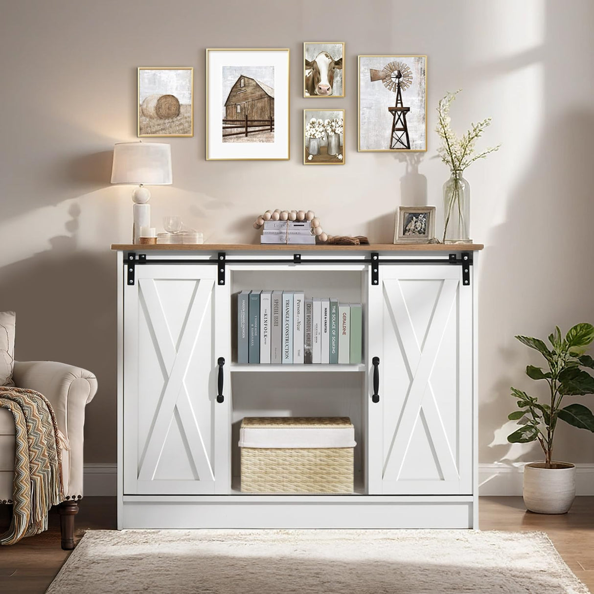 4 EVER WINNER Coffee Bar Cabinet with Sliding Barn Doors, 42” Farmhouse Coffee Station with Adjustable Shelves, Buffet Cabinet with Storage for Dining Room, White 4 EVER WINNER