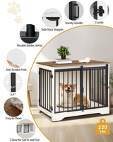 Hzuaneri Dog Crate Furniture, 32" Double Door Dog Crate with Barn Door, Dog Kennel Indoor, End Side Table Wooden Dog Crate for Small Medium Large Dog, Anti-Chew Anti-Escape, White Brown Hzuaneri