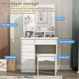 FUFU&GAGA Vanity Set with Rectangular Mirror, Makeup Vanity Dressing Table with 5 Drawers, Shelves, Dresser Desk and Cushioned Stool Set (B White/Lighted Mirror) FUFU&GAGA