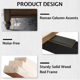 YUMPIE Solid Wood Queen Bed Frame, Transitional Platform Bed with 52.5" Tufted Upholstered Headboard, Rubberwood Construction, Roman Column Accents, No Box Spring Needed YUMPIE