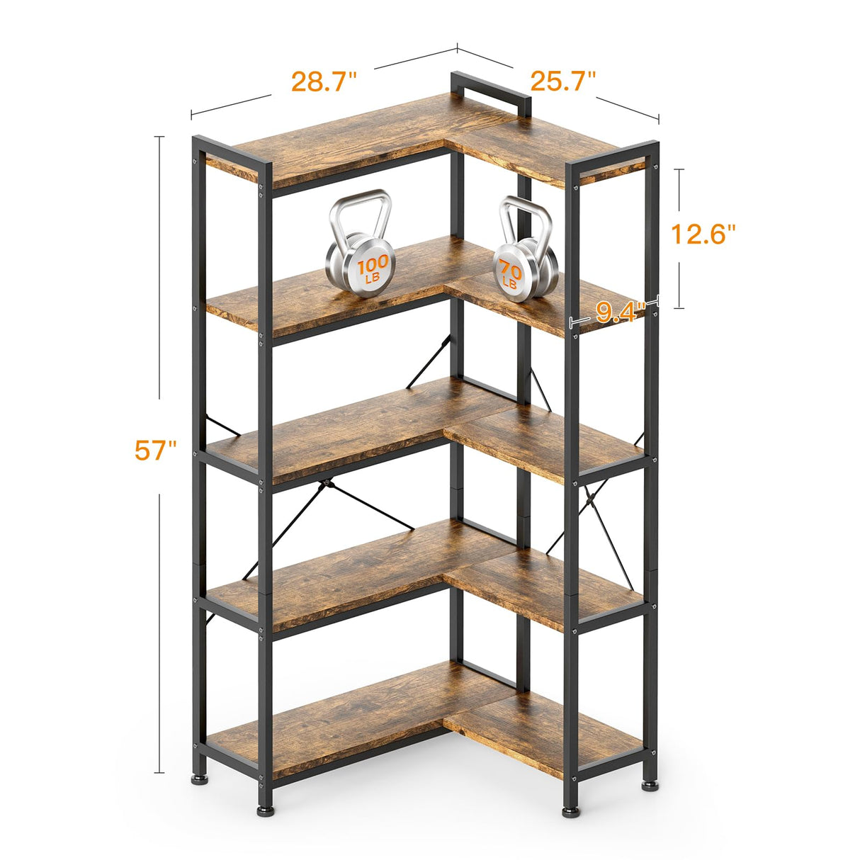 Casaottima Corner Bookshelf 5 Tier, 57 Inches Reversible Book Shelf for Living Room, Industrial Wooden Bookcase with Open Shelves and Metal Frame for Bedroom, Home Office, Kitchen, Rustic Brown Casaottima