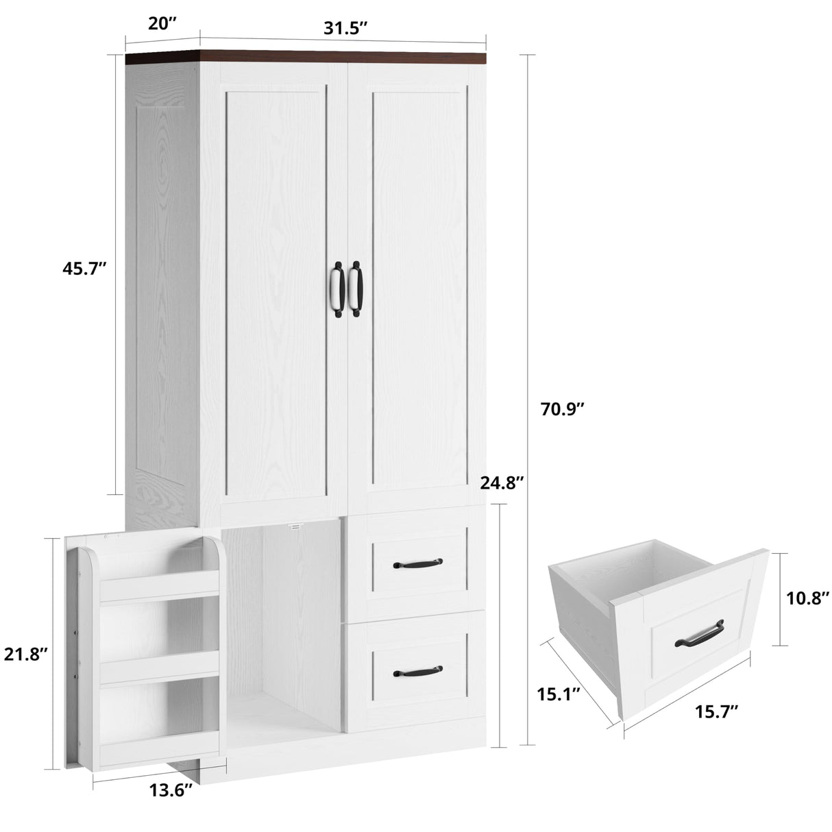 ModernMate Armoire Wardrobe Closet, 71 Inches Tall Wooden Modern Bedroom Armoires with 3 Doors and 2 Drawers, Freestanding Wardrobe Combination Clothing Cabinet with Hanging Rod, White ModernMate