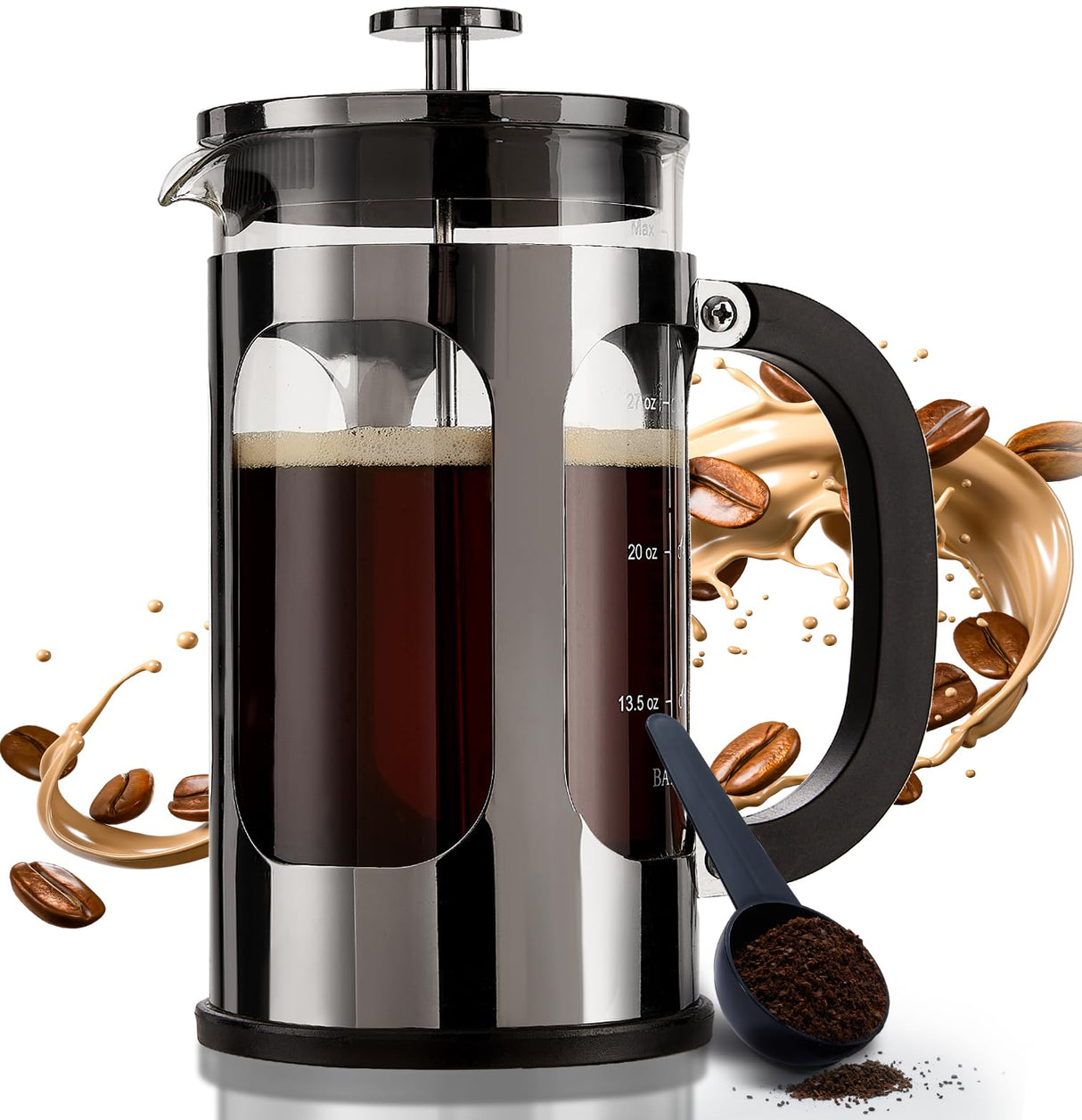 BAYKA 34 Ounce 1 Liter French Press Coffee Maker, Heat Resistant Thickened Borosilicate Glass Stainless Steel Brewer, Cold Brew Cafetera Teapot for Kitchen Travel Camping, Dark Pewter BAYKA