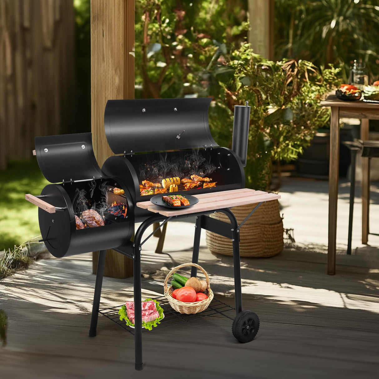Outvita BBQ Charcoal Grill, Outdoor Patio Barbecue Cooker with Offset Smoker, Wheels and Tray for Balcony Picnics, Party and Camping Outvita