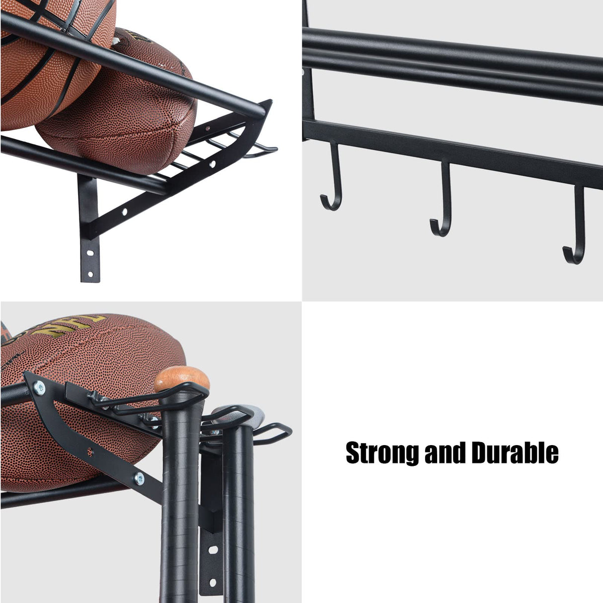 XCSOURCE Garage Sports Equipment Storage Rack with 3 Separate Shelf, Ball Rack, Sport Equipment Organizer with 4 Hooks for Badminton Racket, Basketball Rack for Basketball Football Rugby XCSOURCE