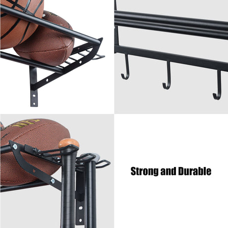 XCSOURCE Garage Sports Equipment Storage Rack with 3 Separate Shelf, Ball Rack, Sport Equipment Organizer with 4 Hooks for Badminton Racket, Basketball Rack for Basketball Football Rugby XCSOURCE