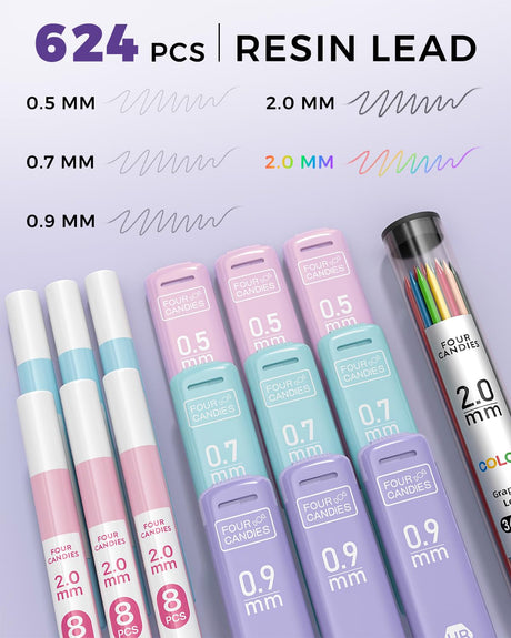Four Candies 36PCS Aesthetic School Supplies, Mechanical Pencil Set 0.5mm, 0.7mm, 0.9mm & 2.0mm with 624 Lead Refills, Back to School Supplies for Writing & Drawing, Ideal Stationary Set Gift (Green) Four Candies