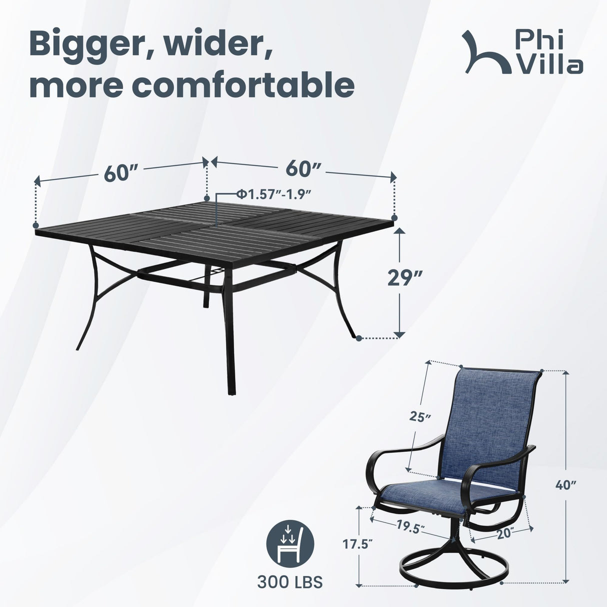 PHI VILLA 9 Piece Outdoor Patio Dining Set, Large Square Metal Dining Table and 8 Outdoor Swivel Dining Chairs, Patio Table and Blue Chair Furniture Dining Set for 8 Person PHI VILLA
