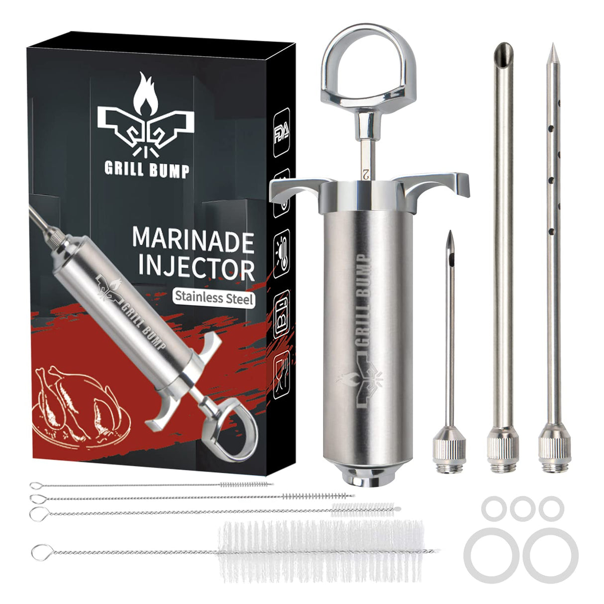Grill Bump Meat Injector Syringe Kit with 3 Professional Marinade Injector Needles for BBQ Grill Smoker, Turkey and Brisket; 2-oz Large Capacity, Including Paper User Manual, Recipe E-Book (PDF) GRILL BUMP
