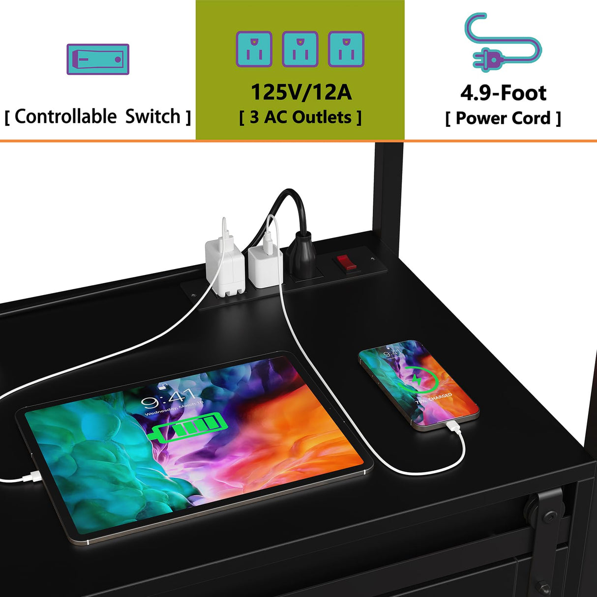 Furniouse 6-Tier Kitchen Bakers Rack with Power Outlet, Industrial Microwave Oven Stand with Shelves, Kitchen Utility Storage Shelf with Cabinet, Standing Kitchen Storage Rack (Black) Furniouse