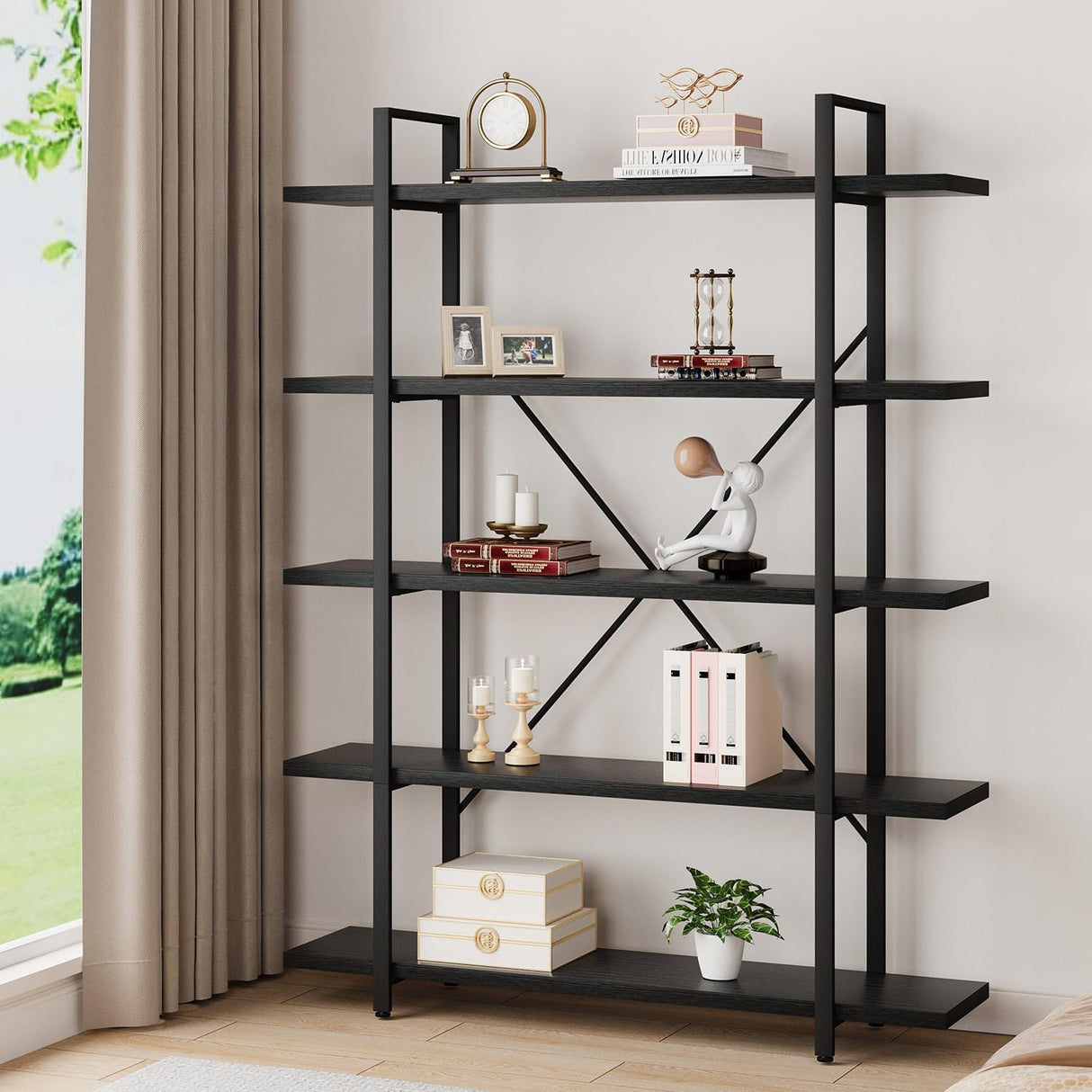 HSH 5 Tier Tall Black Bookshelf, Wood and Metal Storage Book Rack, Industrial Modern Etagere 5 Shelf Bookcase, Large Wide Open Display Book Shelf for Bedroom Living Room Office, Bookshelves Heavy Duty HSH