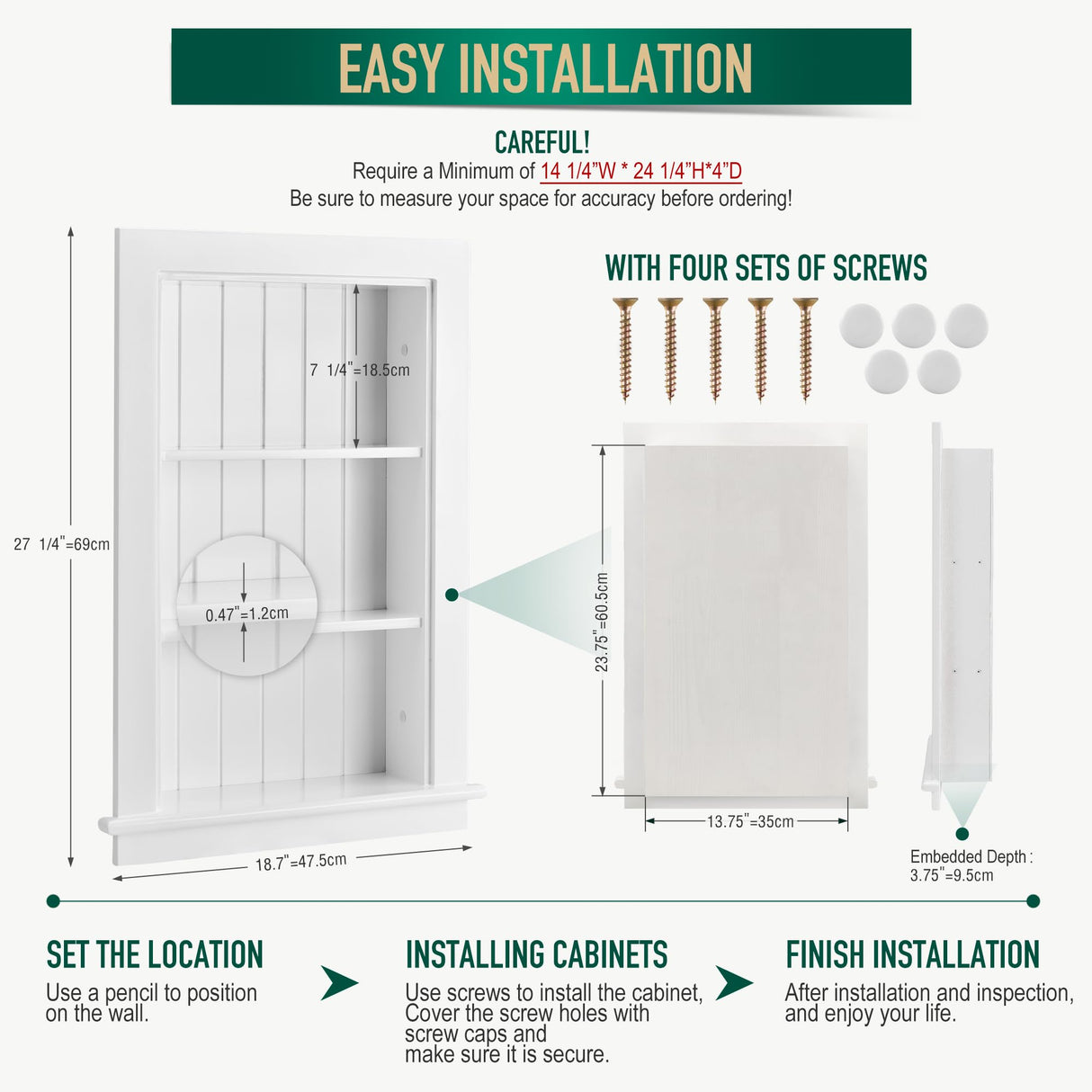 Potter-Island 14 x 24 Medicine Cabinet Recessed, Wall Niche, Bathroom Wall Cabinet, 3-Tier, Between Studs Shelving for Drywall, White Potter-Island